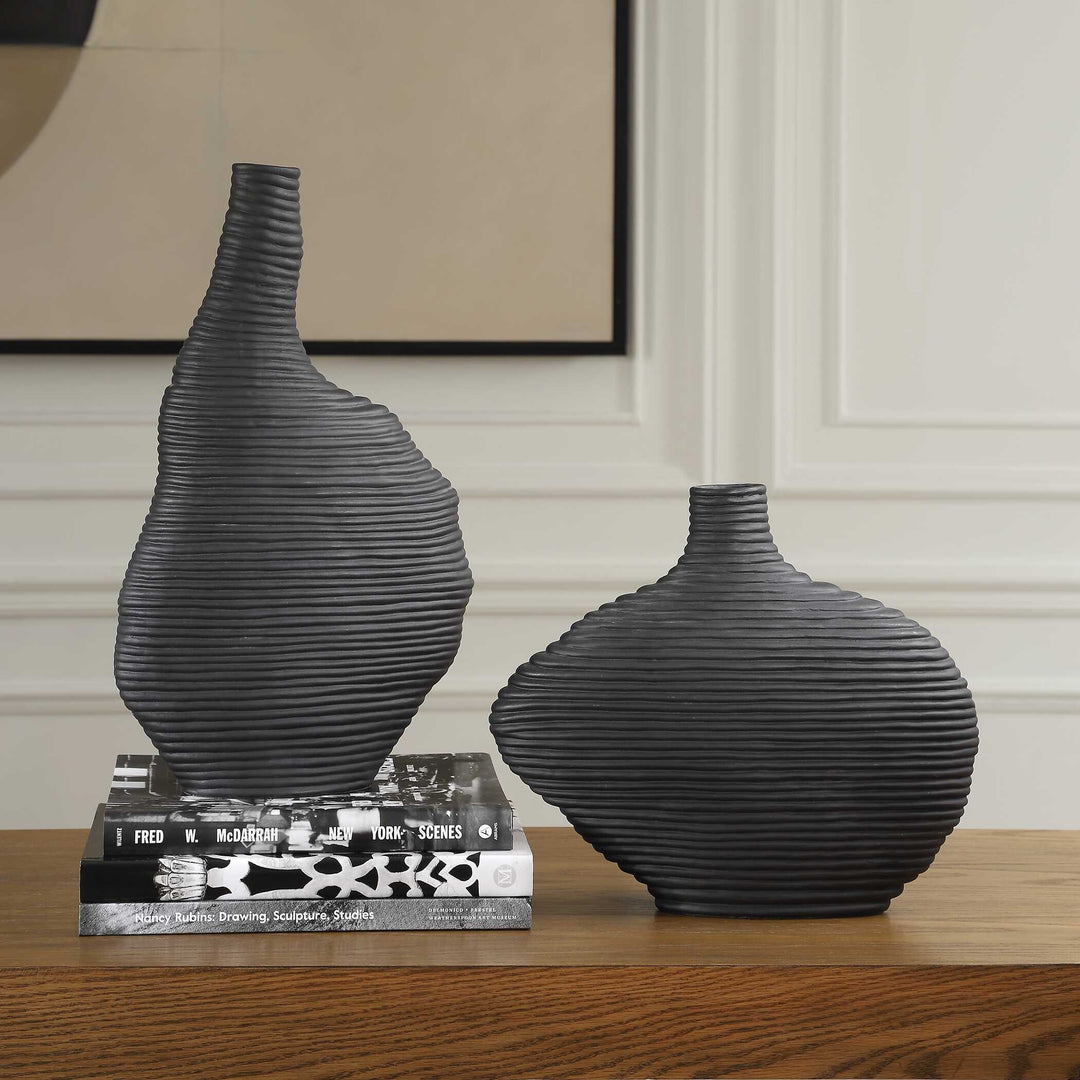 American Home Furniture Uttermost Duostacked Black Vases Set of 2