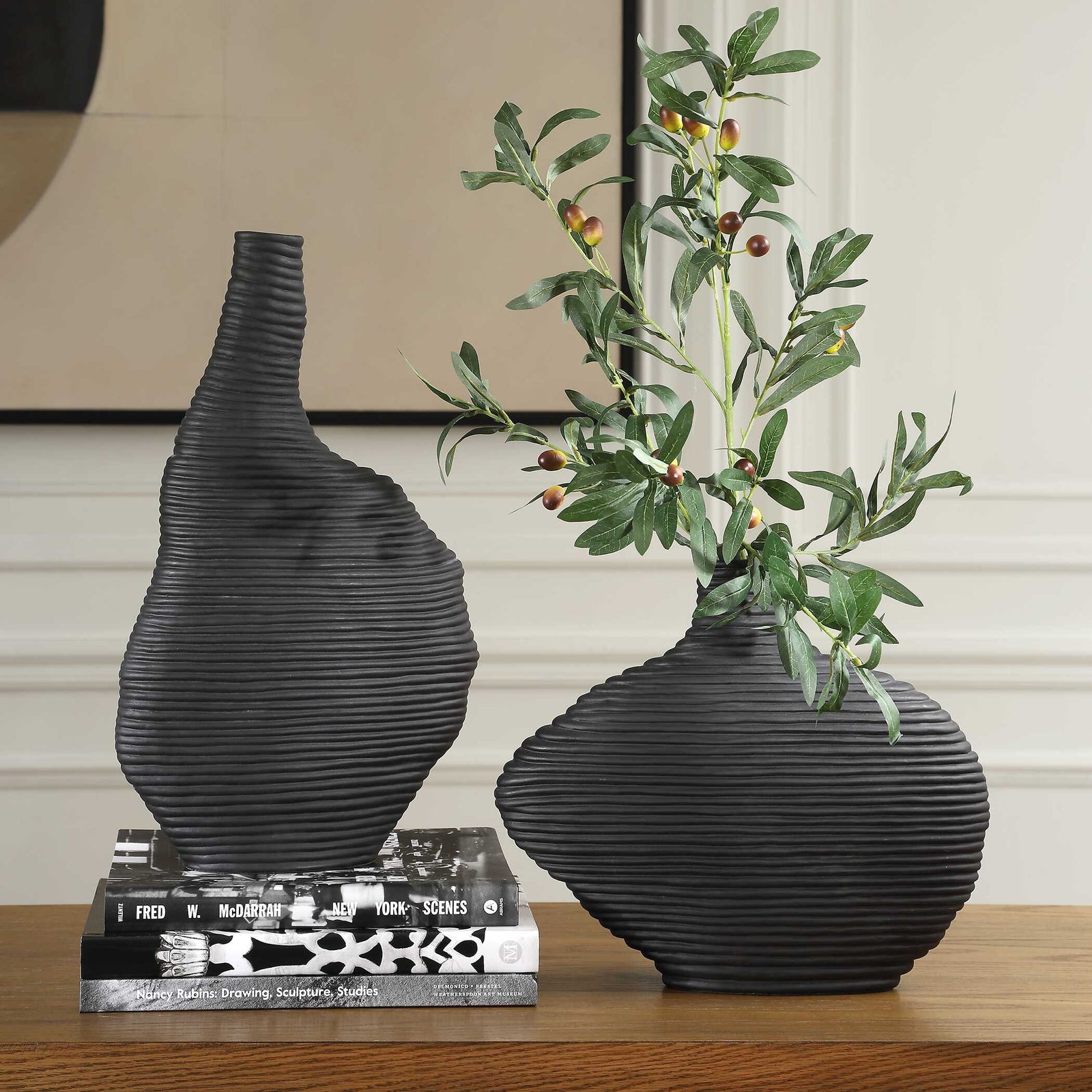 American Home Furniture Uttermost Duostacked Black Vases Set of 2