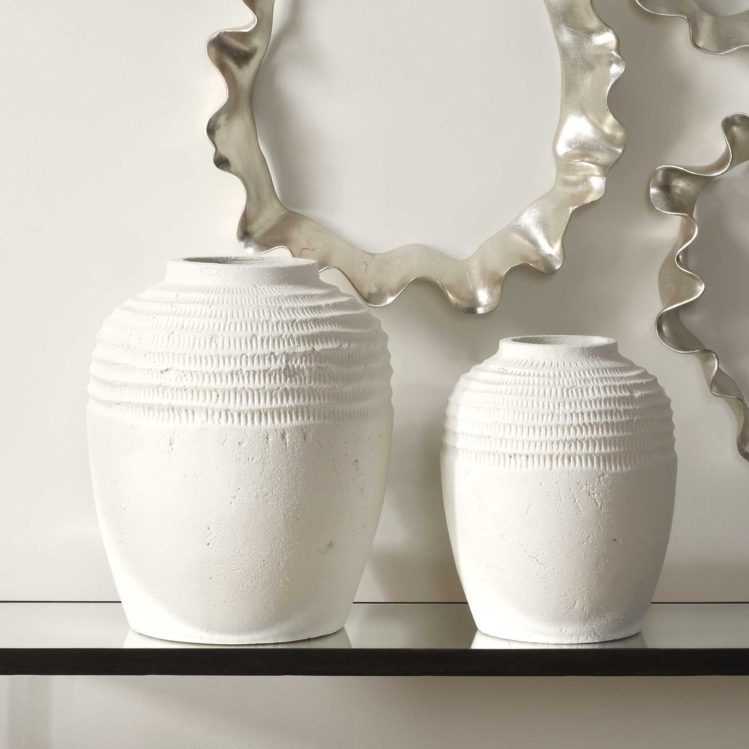 American Home Furniture Uttermost Luna Ridge White Ceramic Vases Set of 2