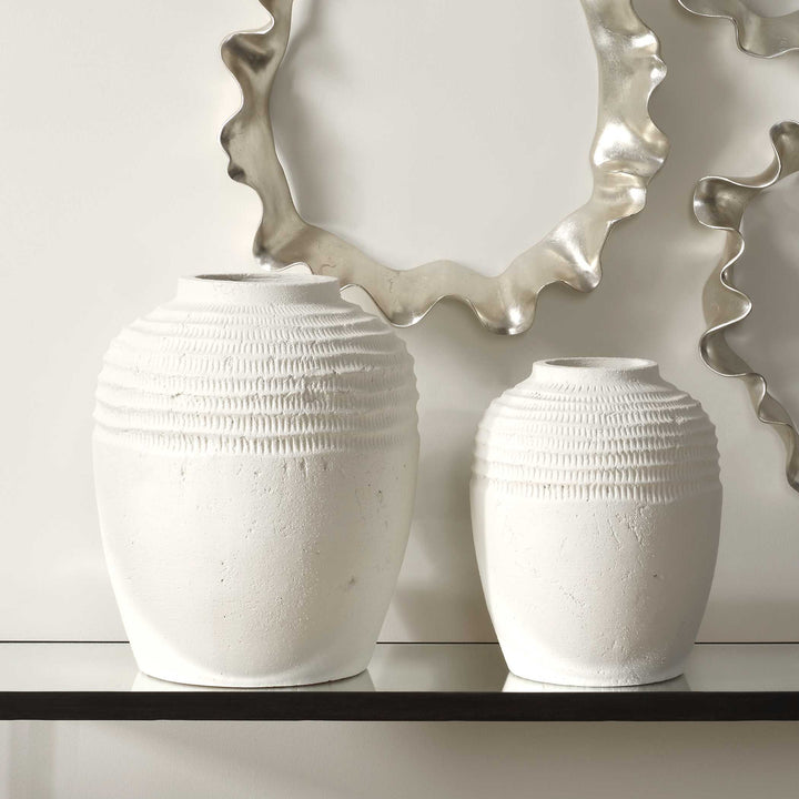American Home Furniture Uttermost Luna Ridge White Ceramic Vases Set of 2