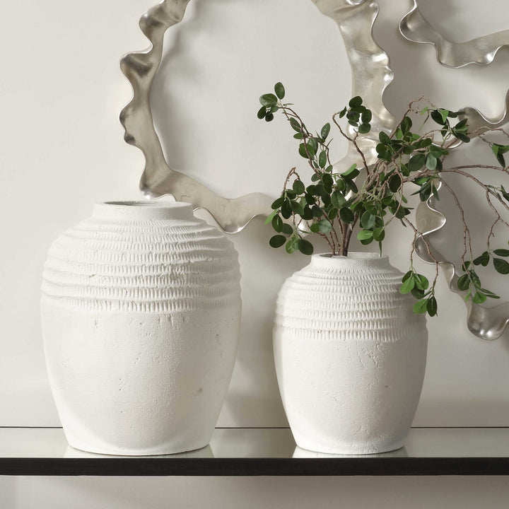 American Home Furniture Uttermost Luna Ridge White Ceramic Vases Set of 2