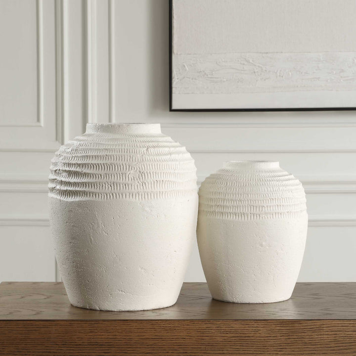 American Home Furniture Uttermost Luna Ridge White Ceramic Vases Set of 2