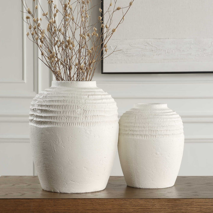 American Home Furniture Uttermost Luna Ridge White Ceramic Vases Set of 2