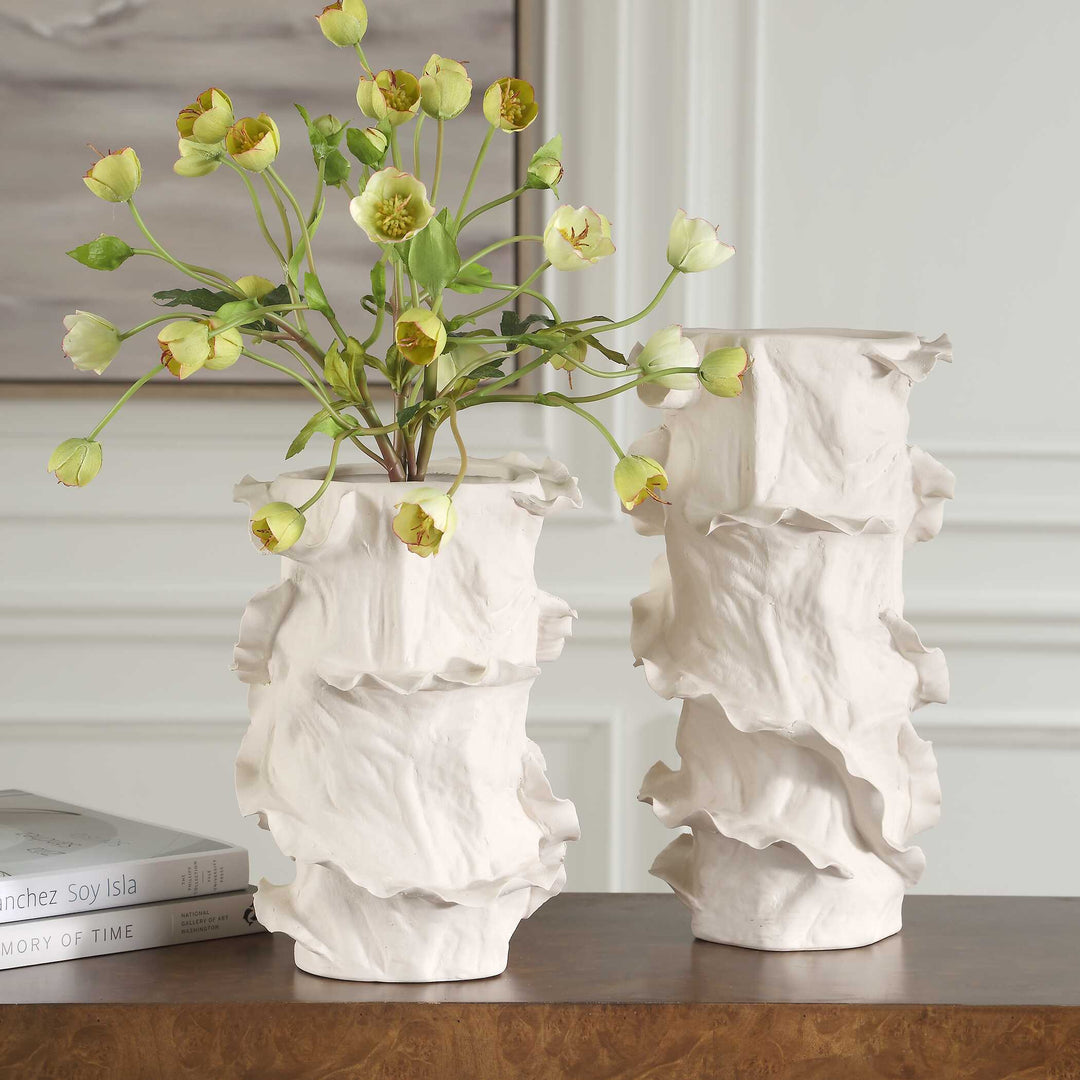 American Home Furniture Uttermost Ripple Crest White Vases Set of 2