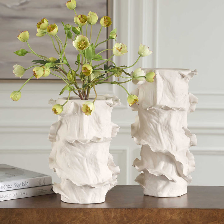 American Home Furniture Uttermost Ripple Crest White Vases Set of 2