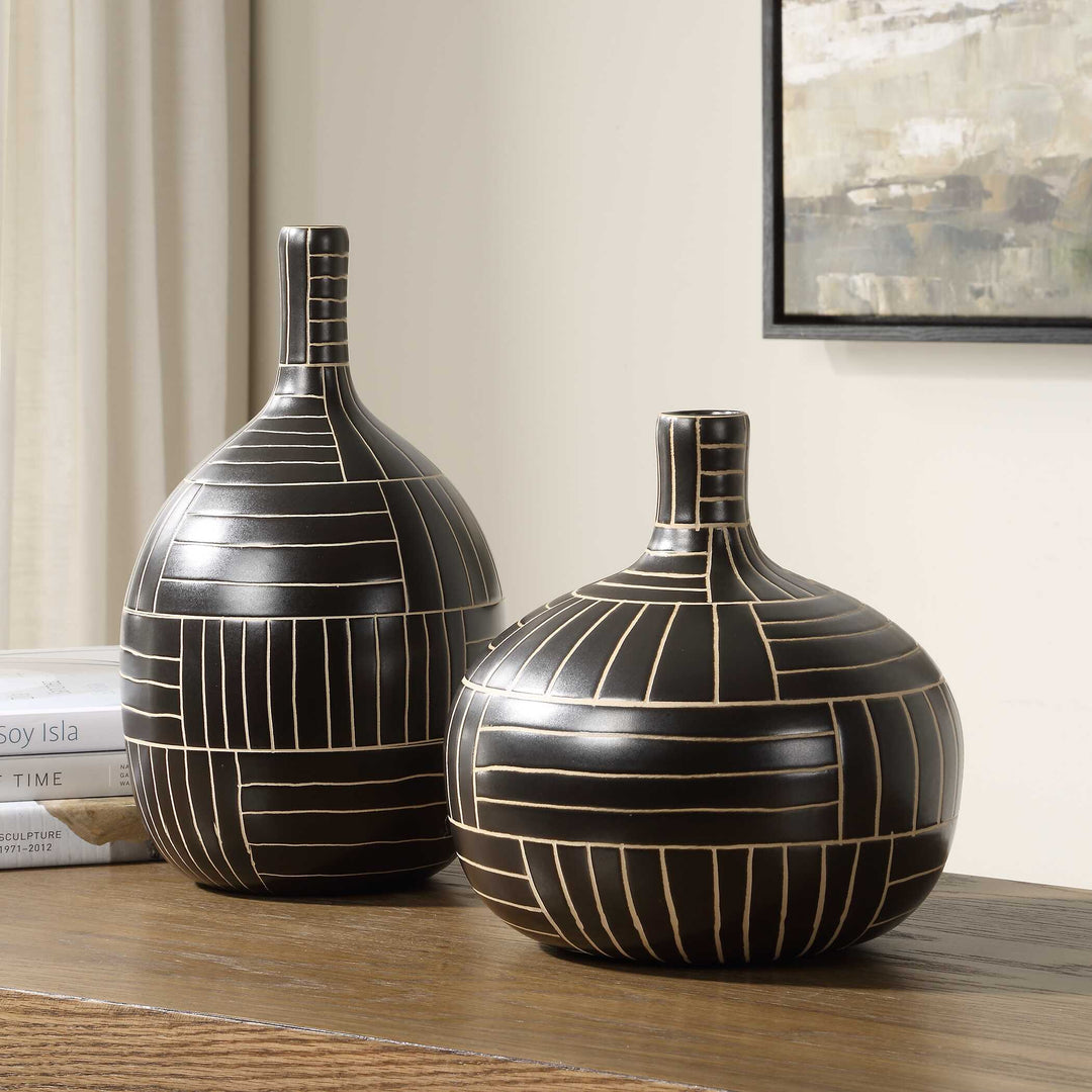 American Home Furniture Uttermost Graphite Stride Geometric Vases Set of 2