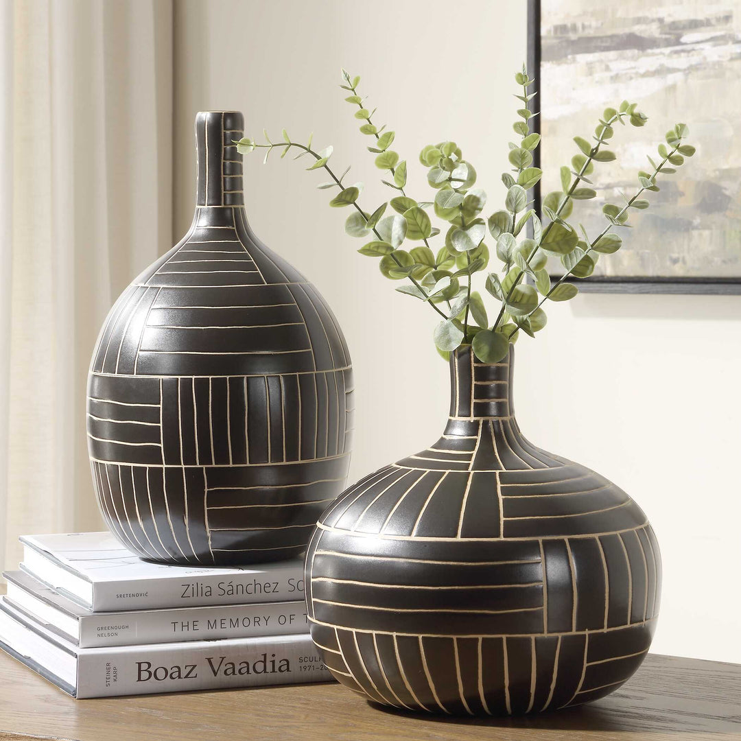 American Home Furniture Uttermost Graphite Stride Geometric Vases Set of 2