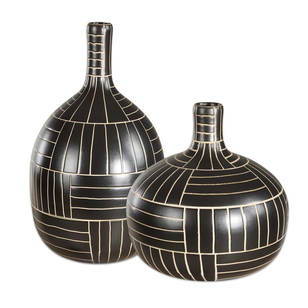 Graphite Stride Geometric Vases - Set of 2 - AmericanHomeFurniture