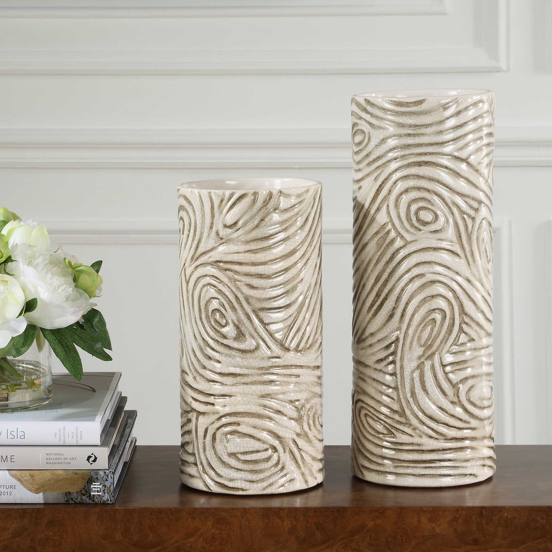 American Home Furniture Uttermost Timber Swirl Earth Tone Vases Set of 2