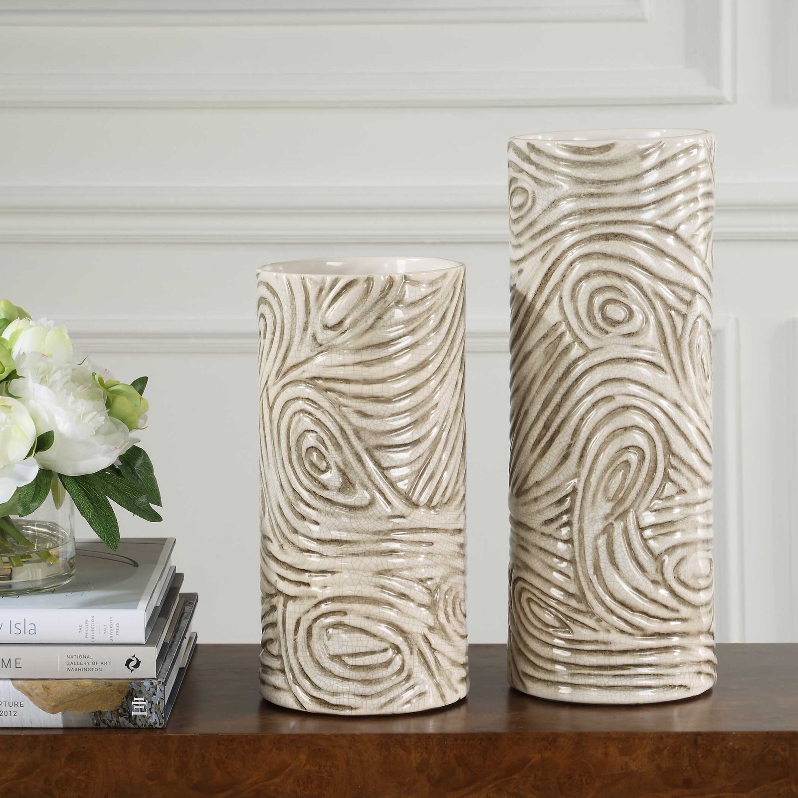 American Home Furniture Uttermost Timber Swirl Earth Tone Vases Set of 2