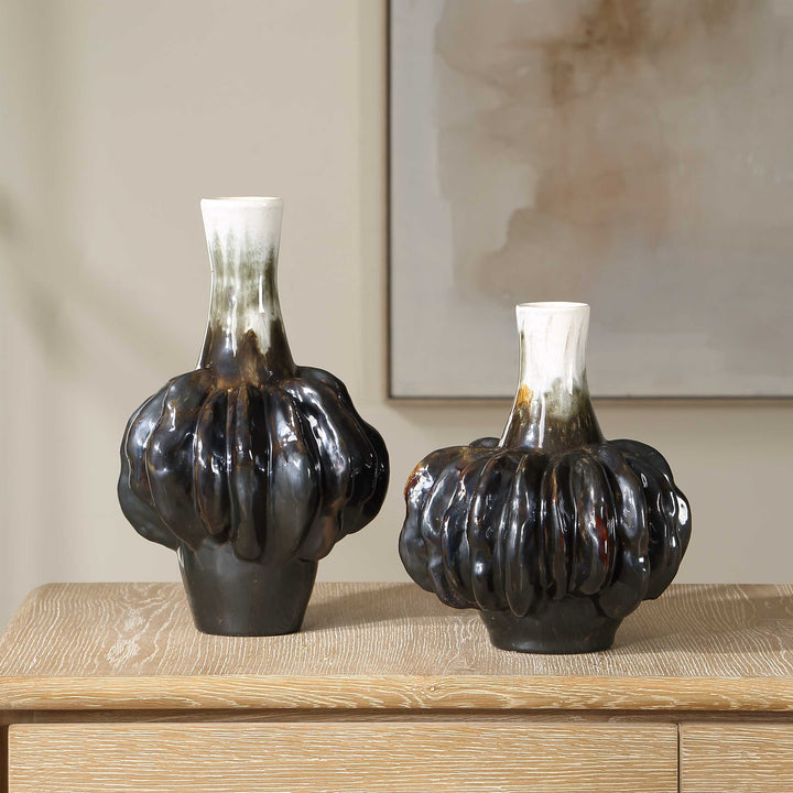 Umbrian White & Brown Gourd Vases Set of 2