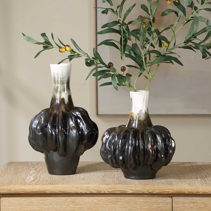Umbrian White & Brown Gourd Vases Set of 2