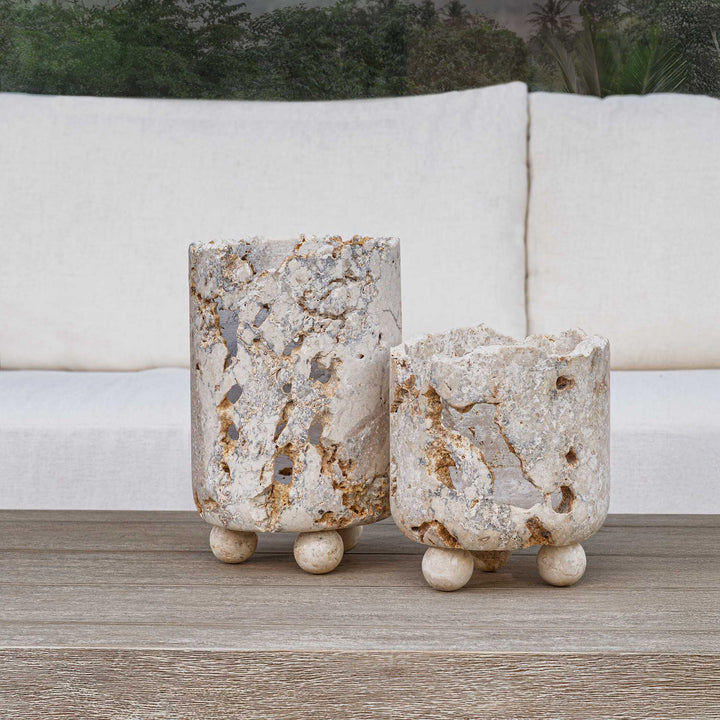 Indoor-Outdoor Quarried Stone Candleholders, S/2