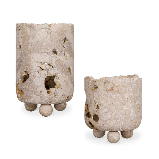 Indoor-Outdoor Quarried Stone Candleholders, S/2
