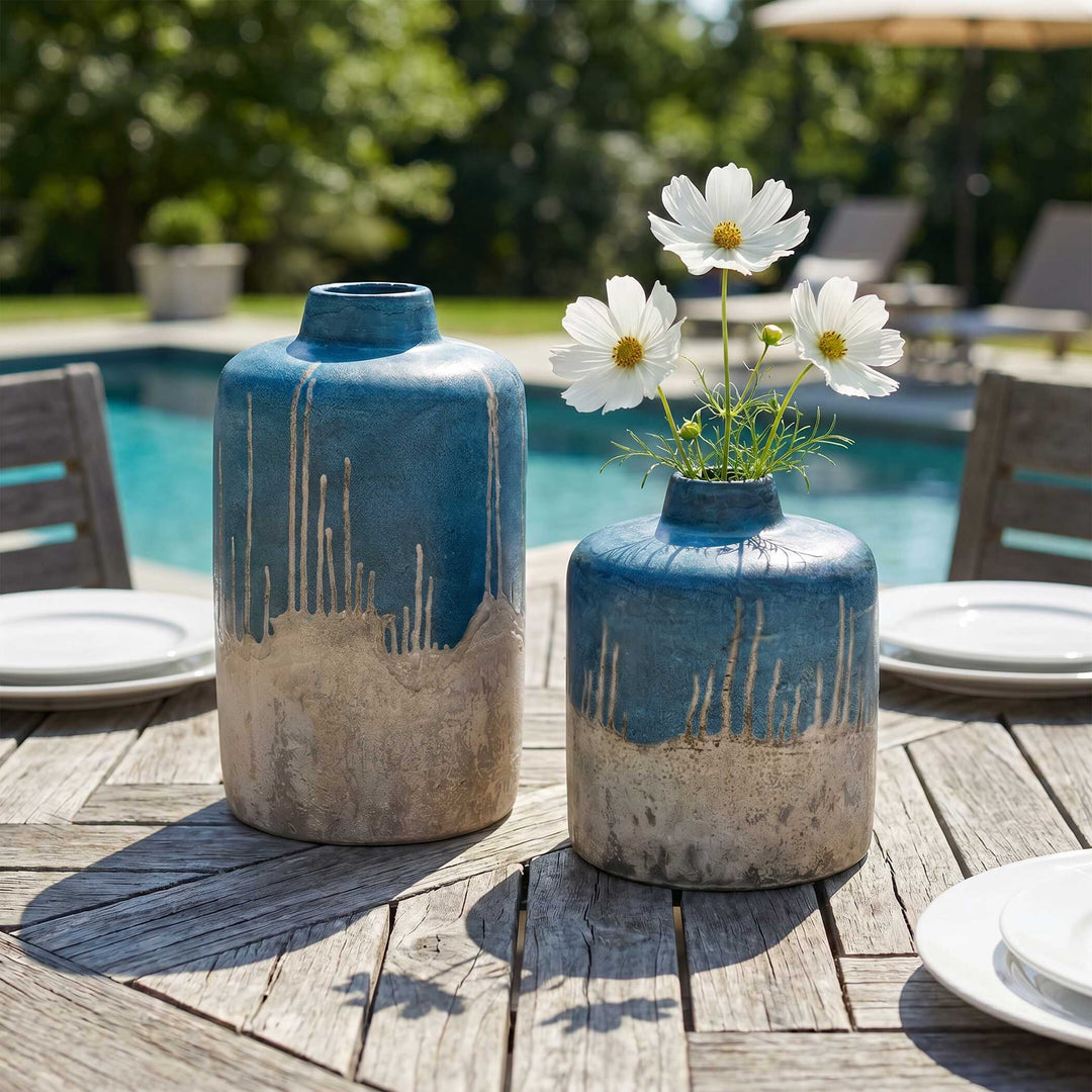 Coastal Cascade Indoor-Outdoor Blue Vases, Set of 2
