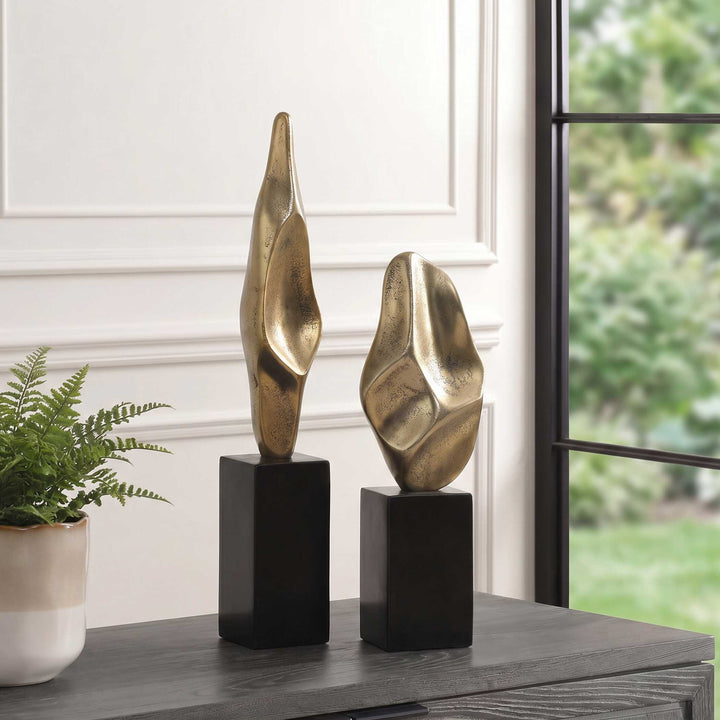 Fluid Geometry Gold Sculptures, Set of 2