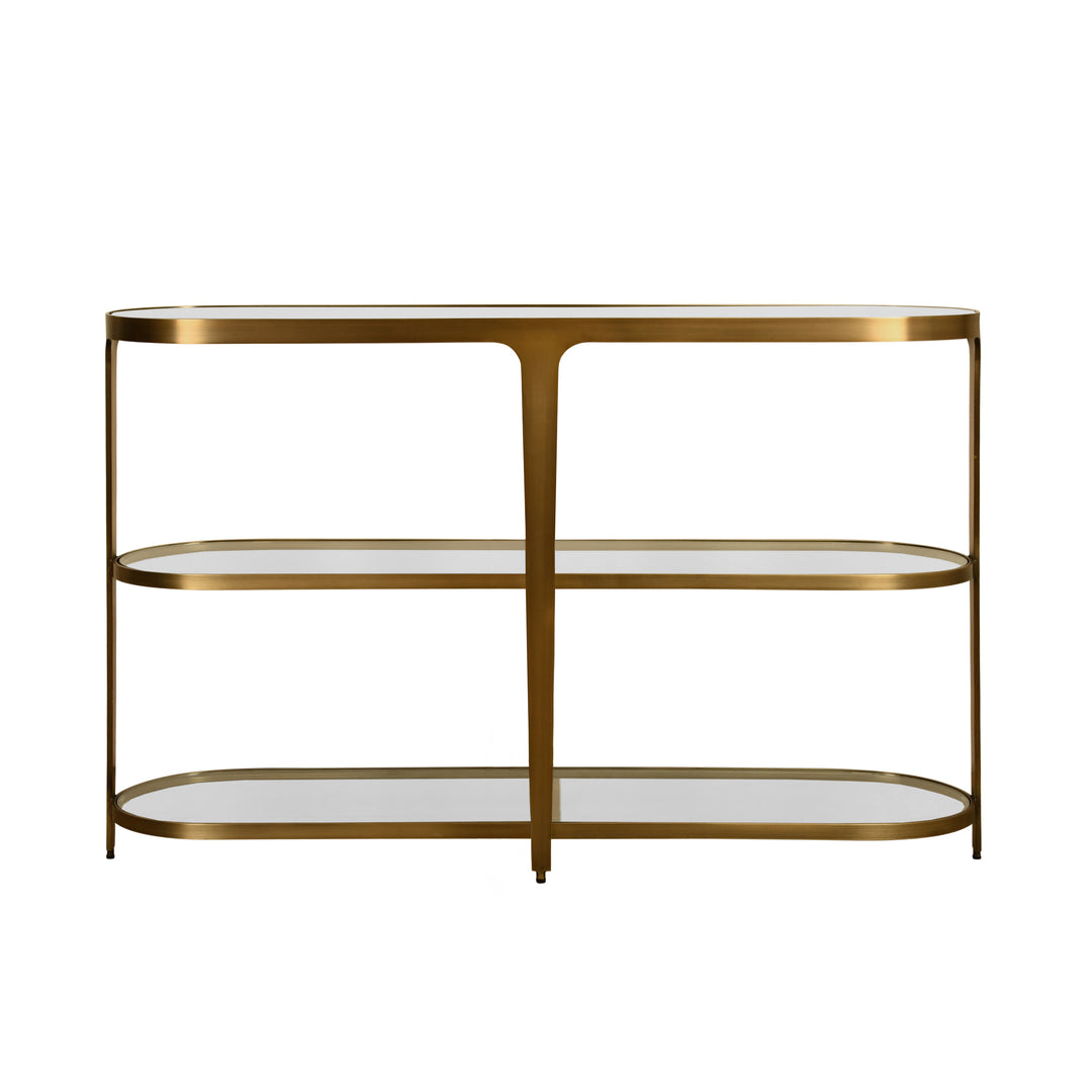 Three Tier Glass Top Racetrack Console In Antique Brass - ADDISON ABR