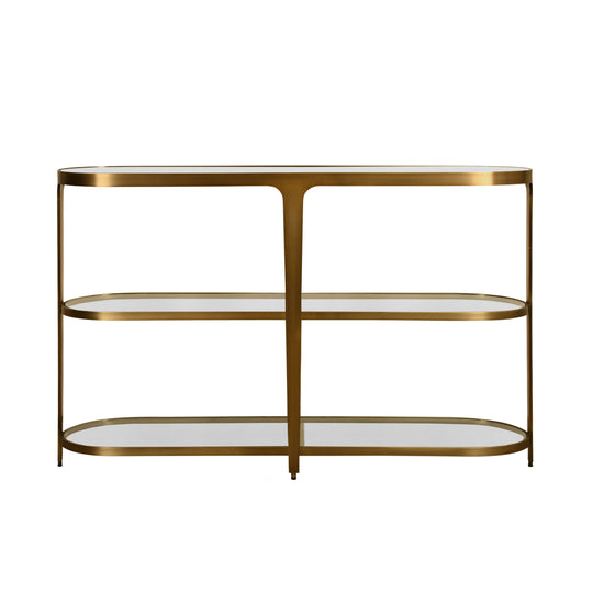 Three Tier Glass Top Racetrack Console In Antique Brass - ADDISON ABR