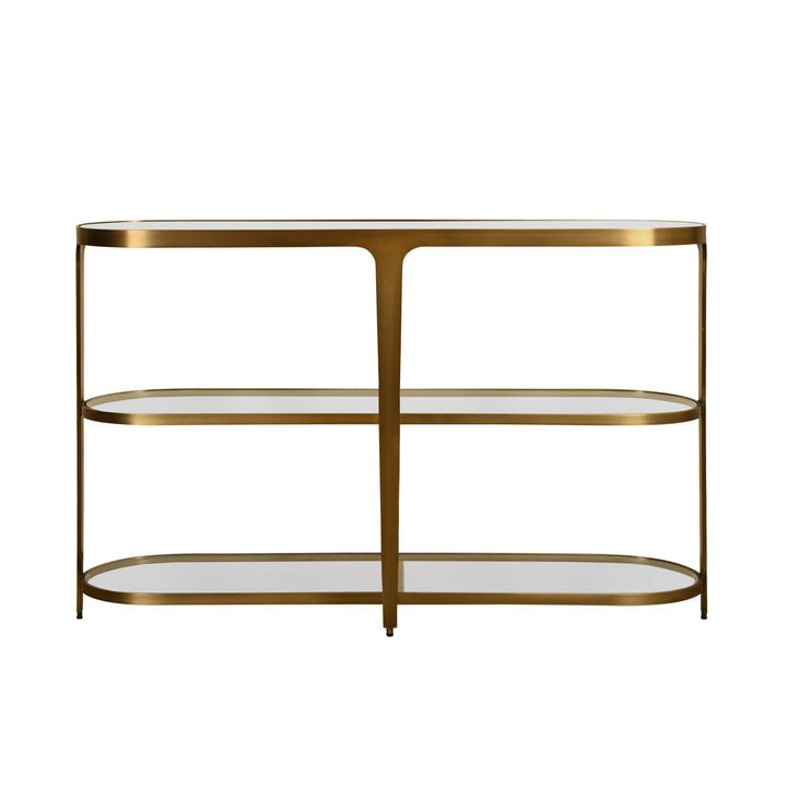 Three Tier Glass Top Racetrack Console In Antique Brass - ADDISON ABR
