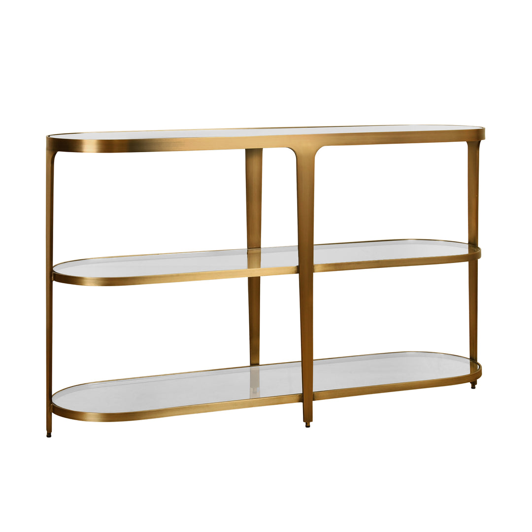 Three Tier Glass Top Racetrack Console In Antique Brass - ADDISON ABR