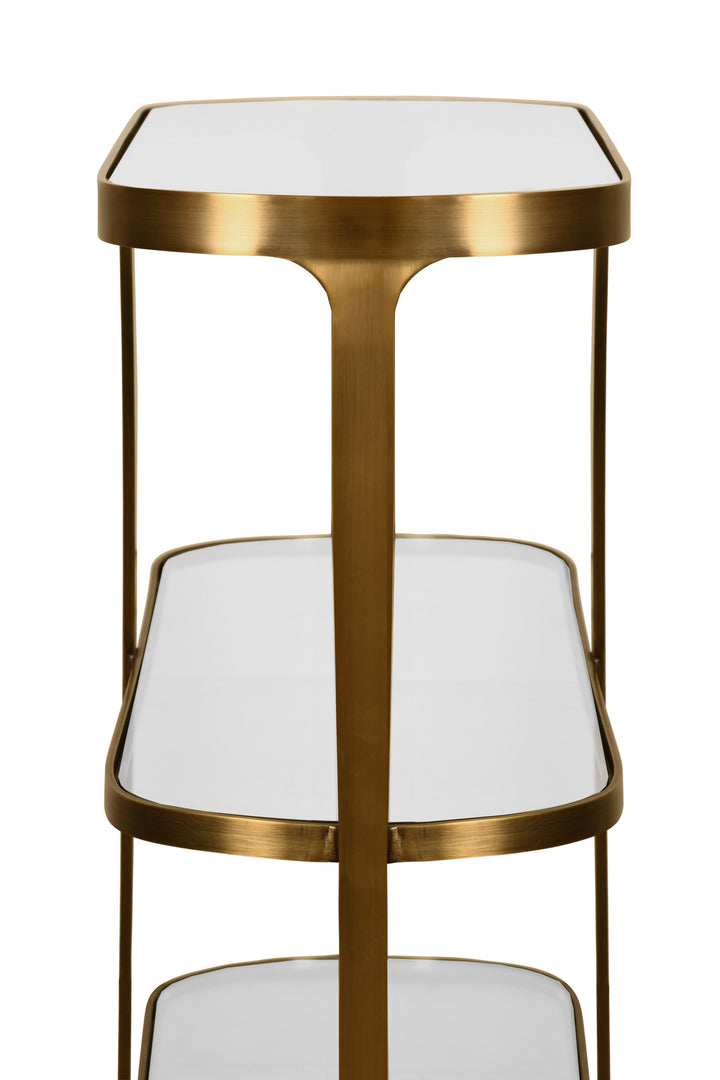 Three Tier Glass Top Racetrack Console In Antique Brass - ADDISON ABR