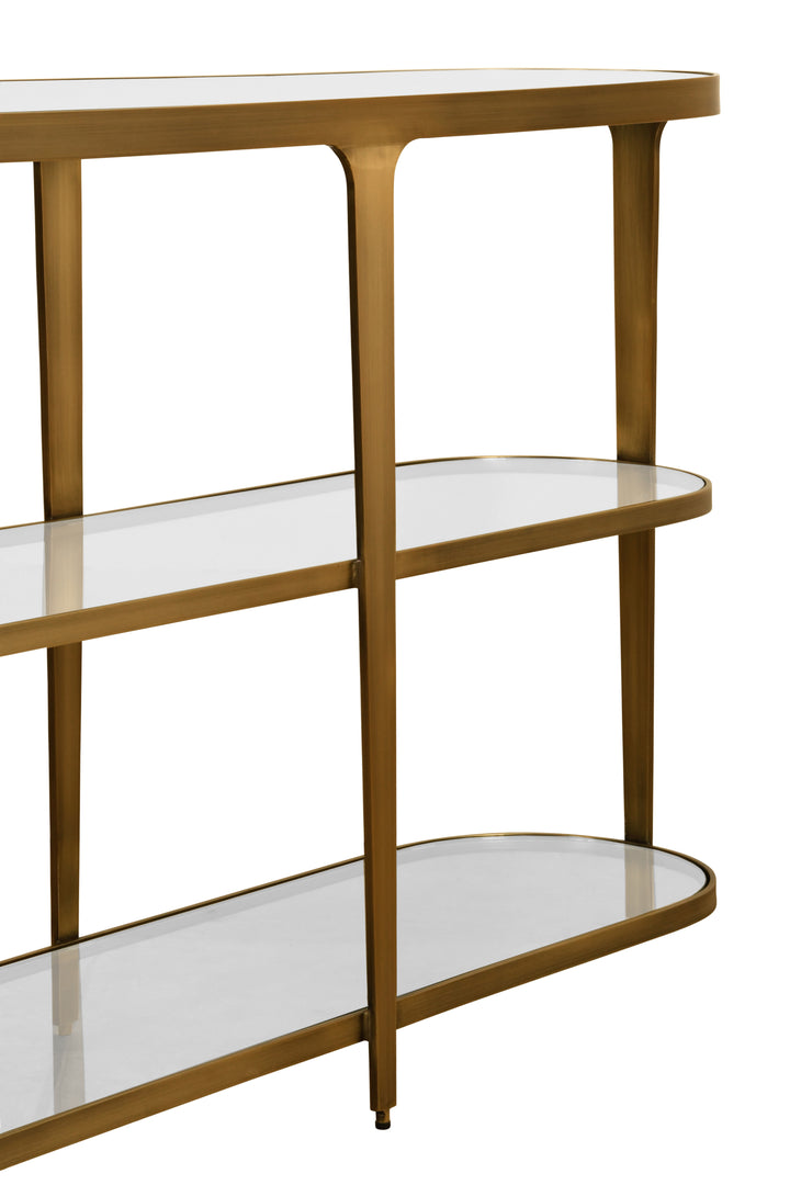 Three Tier Glass Top Racetrack Console In Antique Brass - ADDISON ABR
