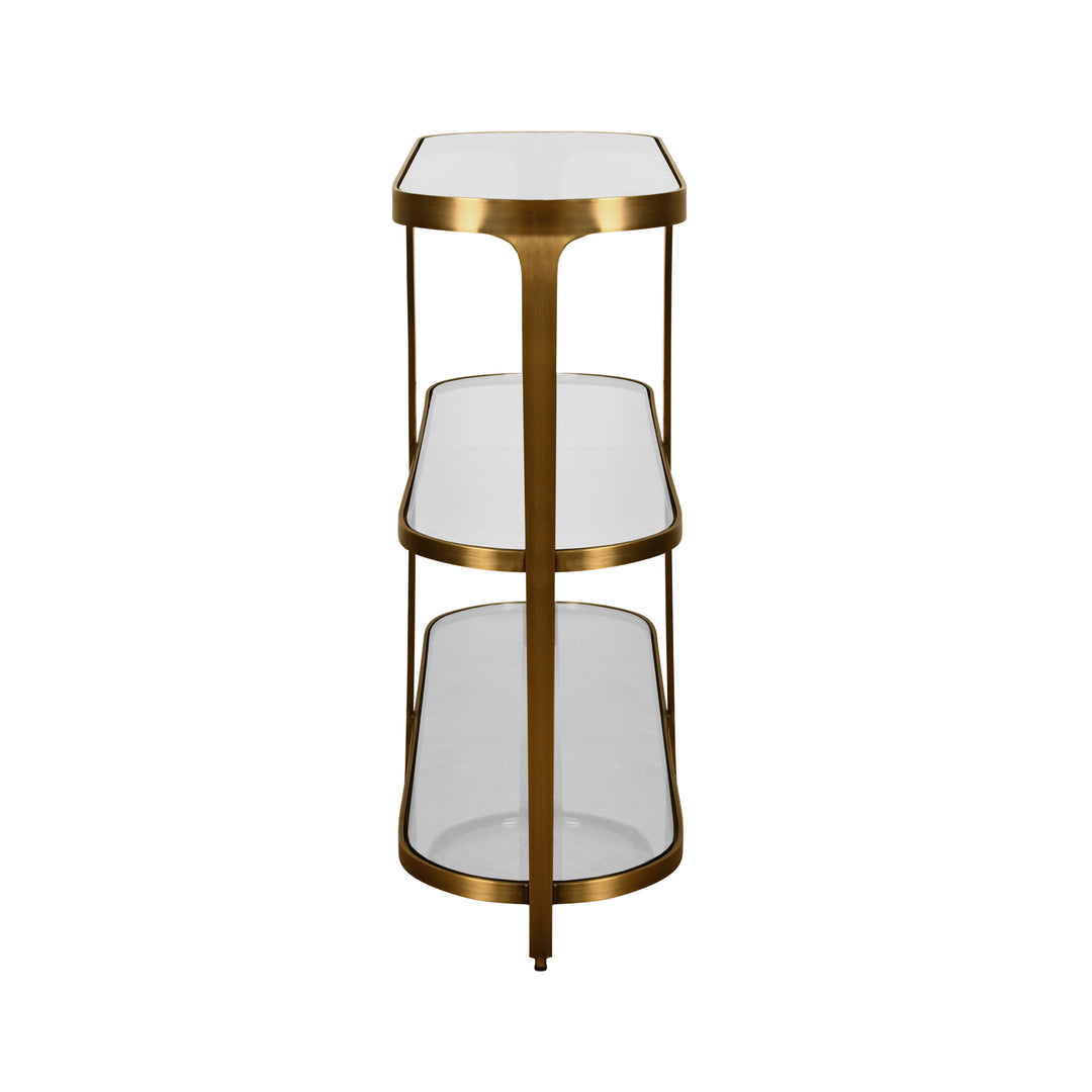 Three Tier Glass Top Racetrack Console In Antique Brass - ADDISON ABR