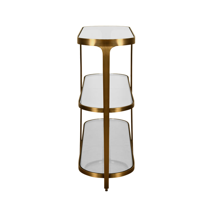 Three Tier Glass Top Racetrack Console In Antique Brass - ADDISON ABR