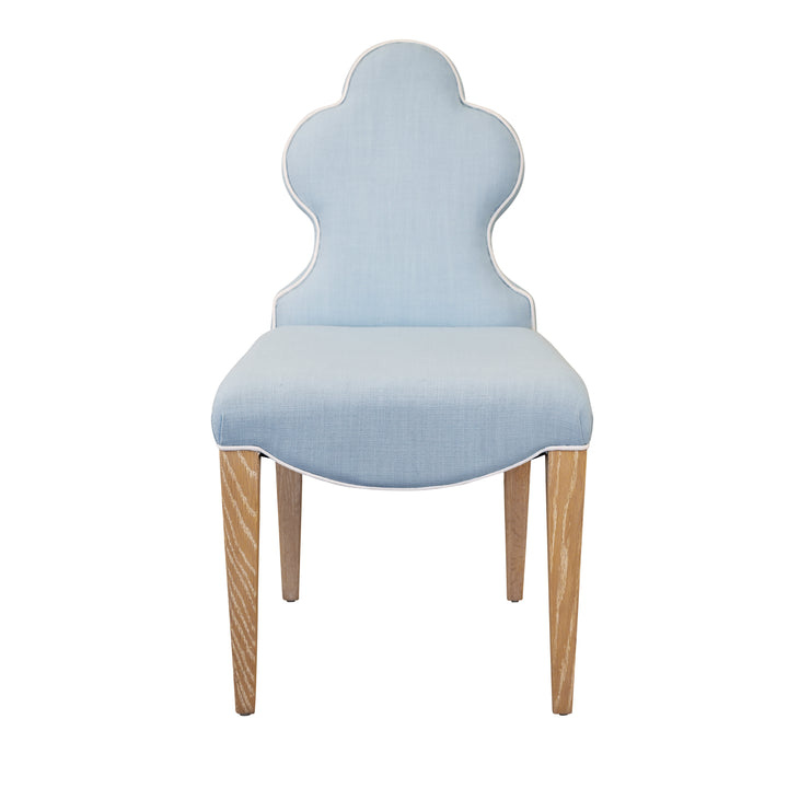 Clover Back Dining Chair With Cerused Oak Legs Upholstered In Performance Light Blue Linen With White Linen Welt - ADELAIDE LB