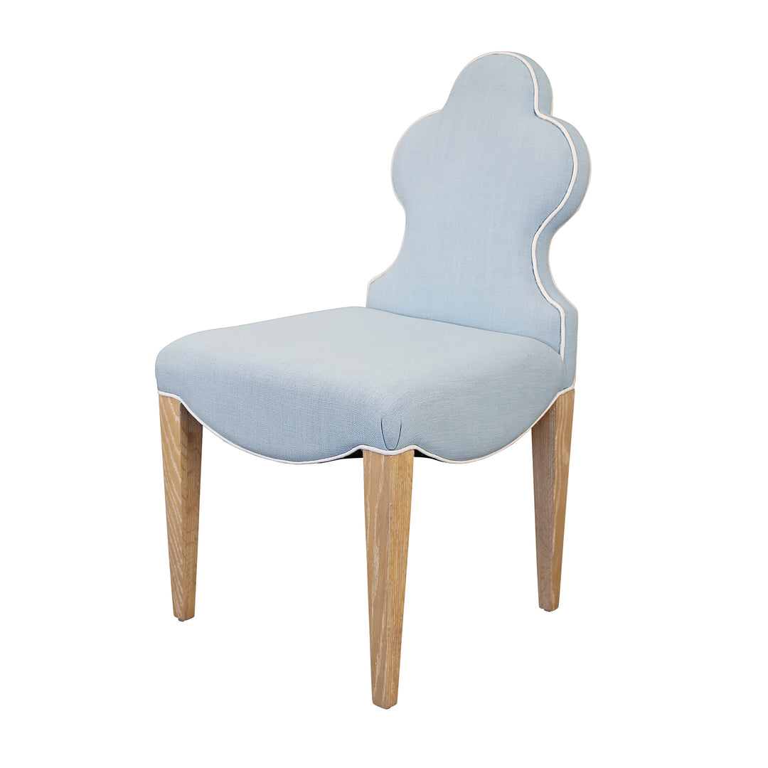 Clover Back Dining Chair With Cerused Oak Legs Upholstered In Performance Light Blue Linen With White Linen Welt - ADELAIDE LB