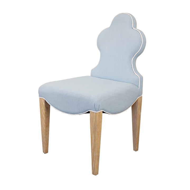 Clover Back Dining Chair With Cerused Oak Legs Upholstered In Performance Light Blue Linen With White Linen Welt - ADELAIDE LB