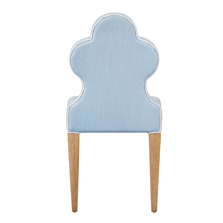 Clover Back Dining Chair With Cerused Oak Legs Upholstered In Performance Light Blue Linen With White Linen Welt - ADELAIDE LB
