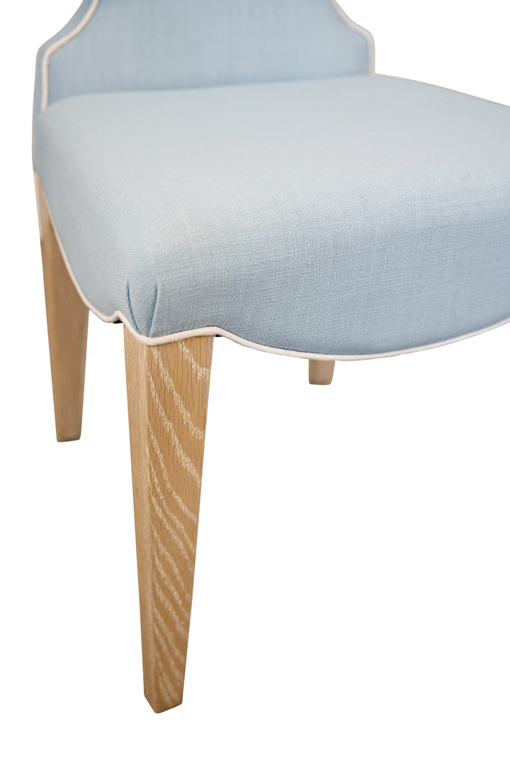 Clover Back Dining Chair With Cerused Oak Legs Upholstered In Performance Light Blue Linen With White Linen Welt - ADELAIDE LB
