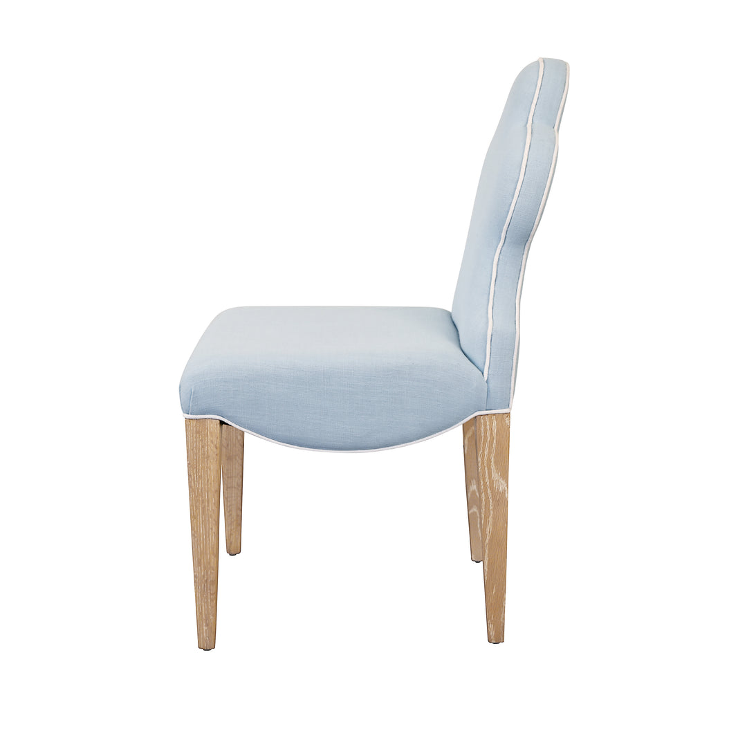 Clover Back Dining Chair With Cerused Oak Legs Upholstered In Performance Light Blue Linen With White Linen Welt - ADELAIDE LB