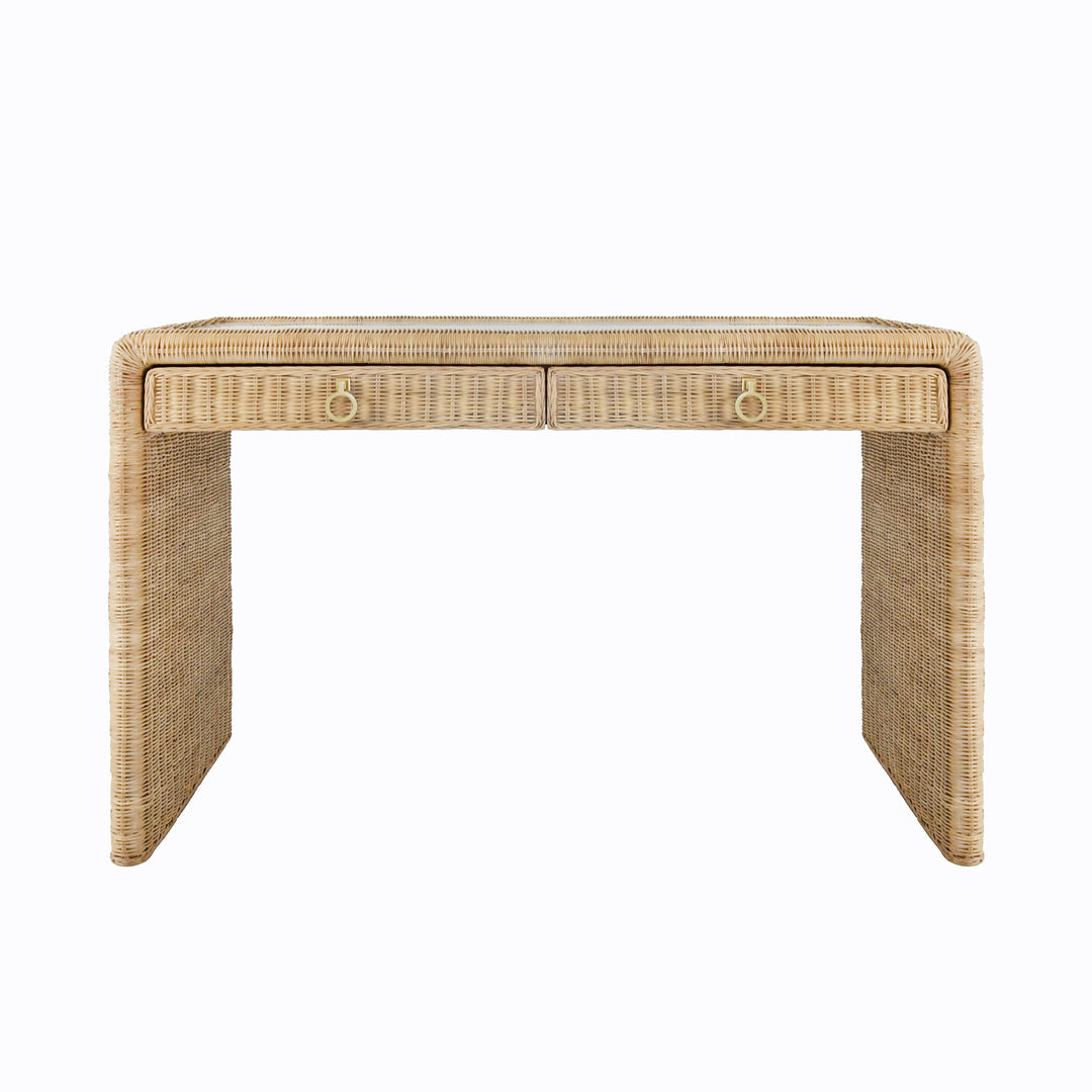 Two Drawer Waterfall Edge Desk In Woven Rattan With Glass Top - ADRIEN
