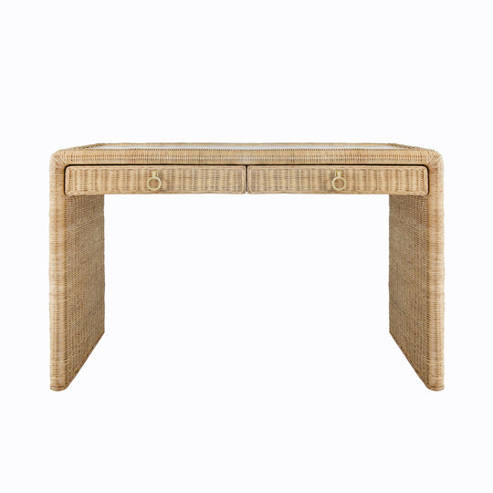 Two Drawer Waterfall Edge Desk In Woven Rattan With Glass Top - ADRIEN