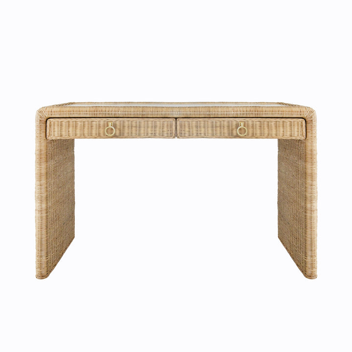 Two Drawer Waterfall Edge Desk In Woven Rattan With Glass Top - ADRIEN