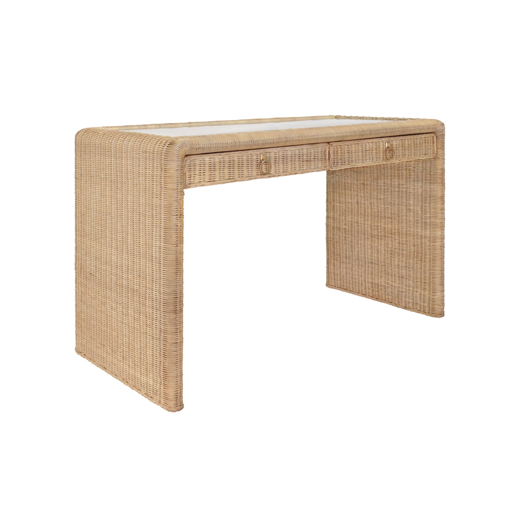 Two Drawer Waterfall Edge Desk In Woven Rattan With Glass Top - ADRIEN