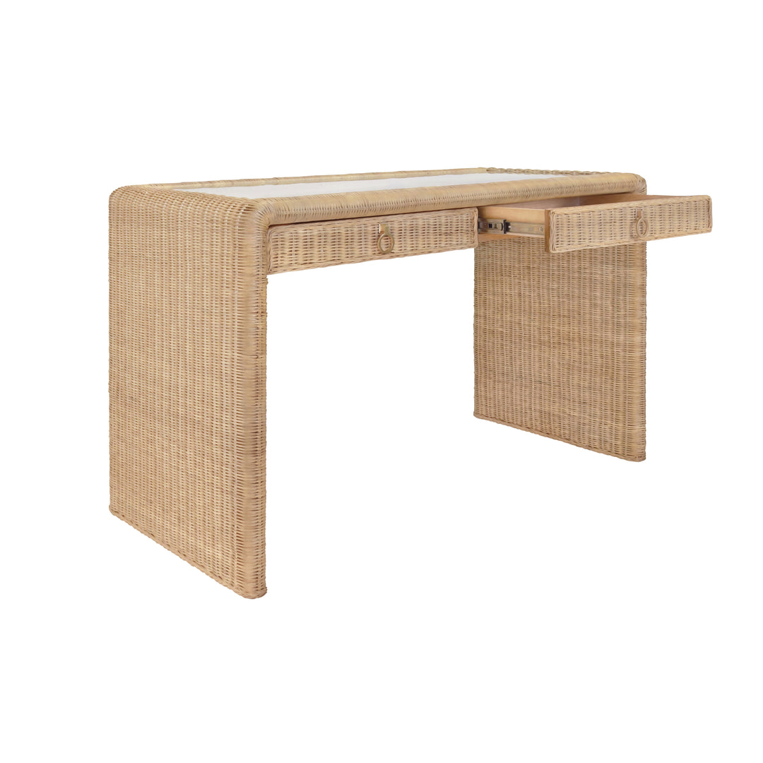 Two Drawer Waterfall Edge Desk In Woven Rattan With Glass Top - ADRIEN