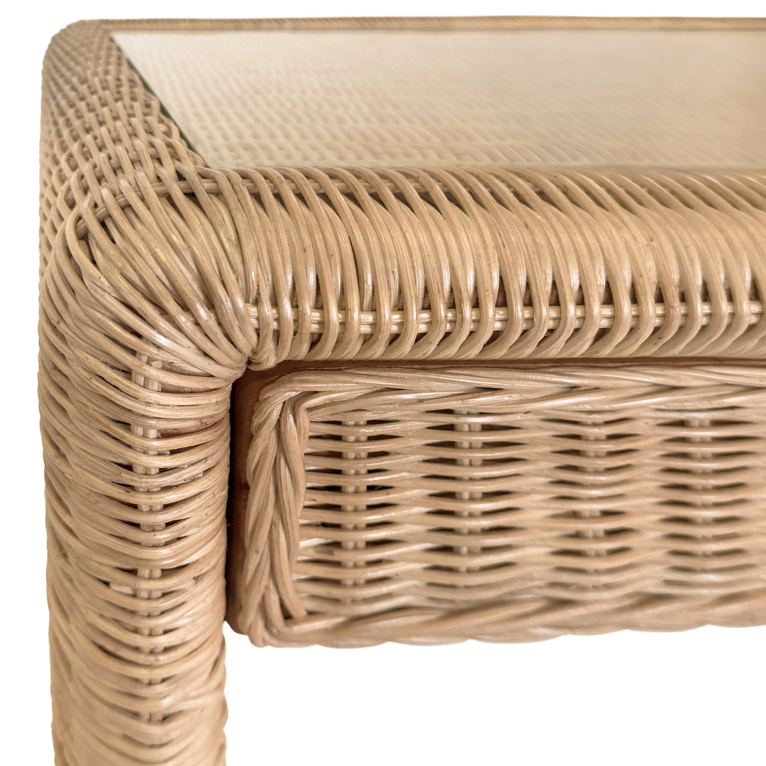 Two Drawer Waterfall Edge Desk In Woven Rattan With Glass Top - ADRIEN