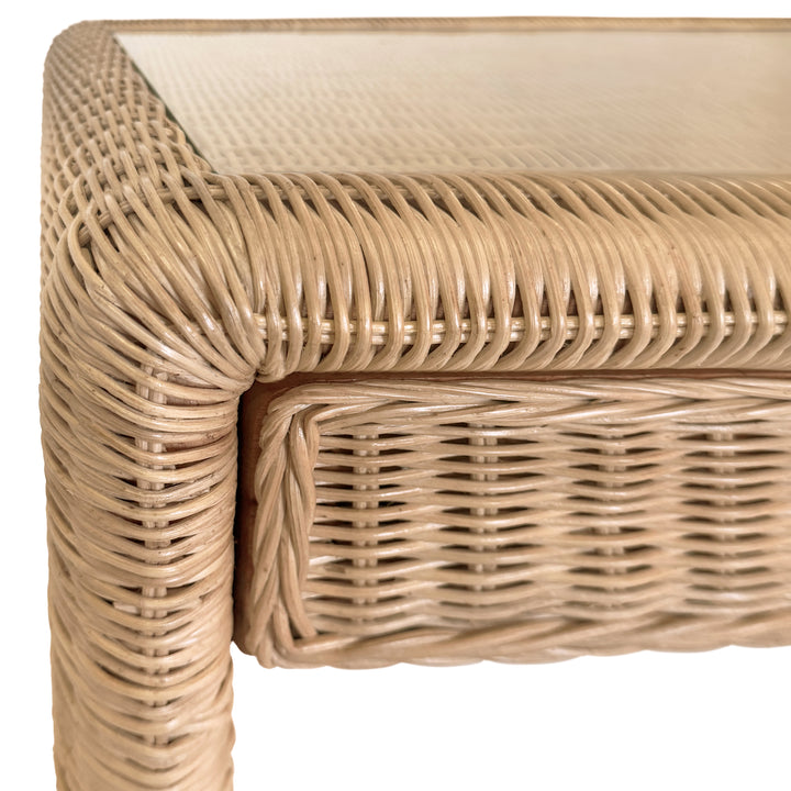 Two Drawer Waterfall Edge Desk In Woven Rattan With Glass Top - ADRIEN