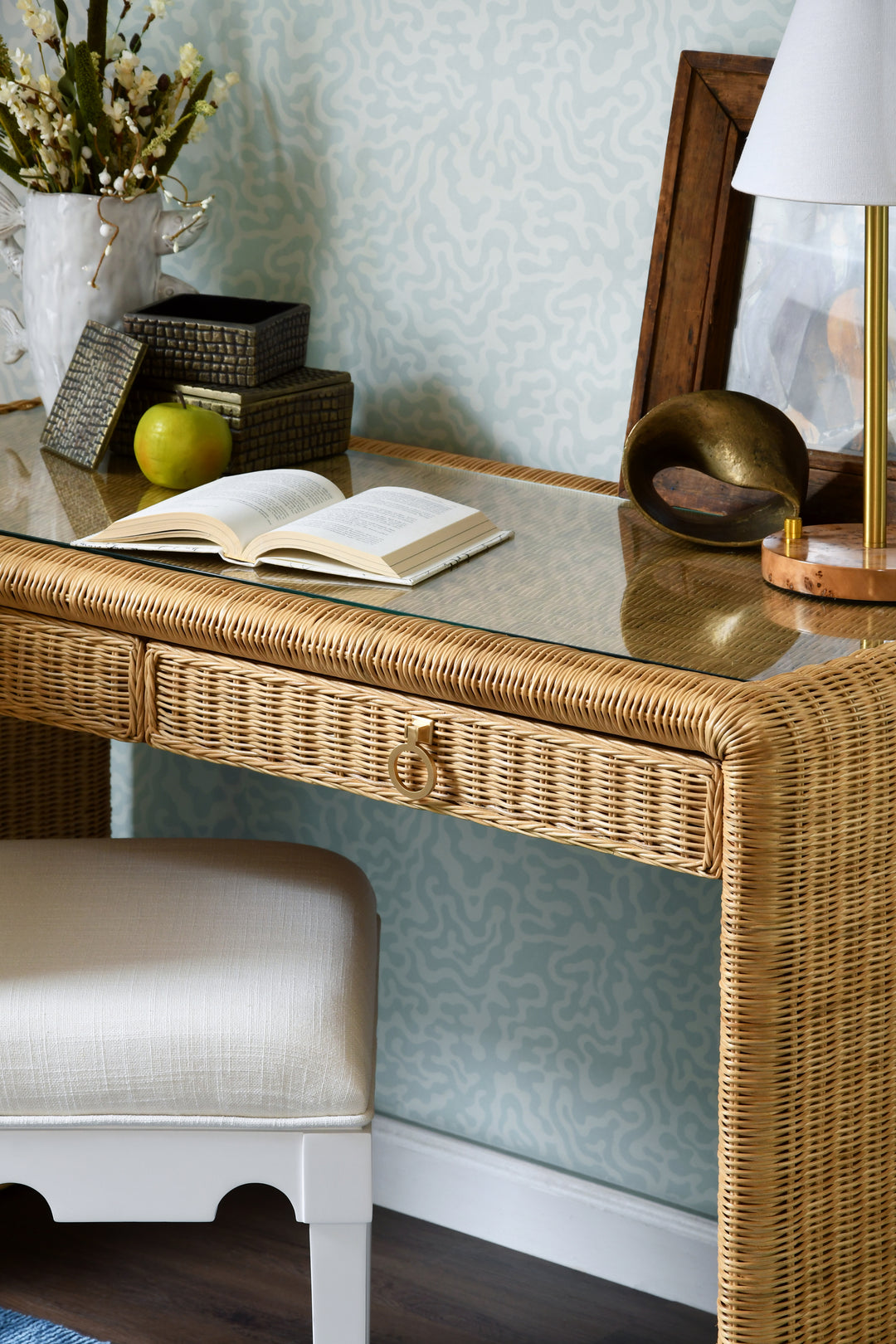 Two Drawer Waterfall Edge Desk In Woven Rattan With Glass Top - ADRIEN