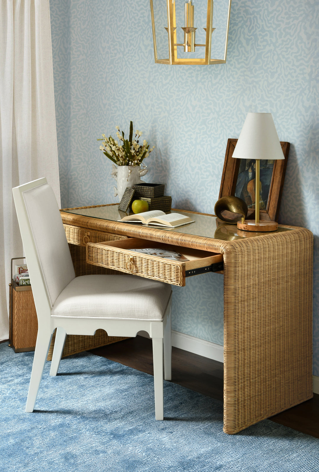 Two Drawer Waterfall Edge Desk In Woven Rattan With Glass Top - ADRIEN