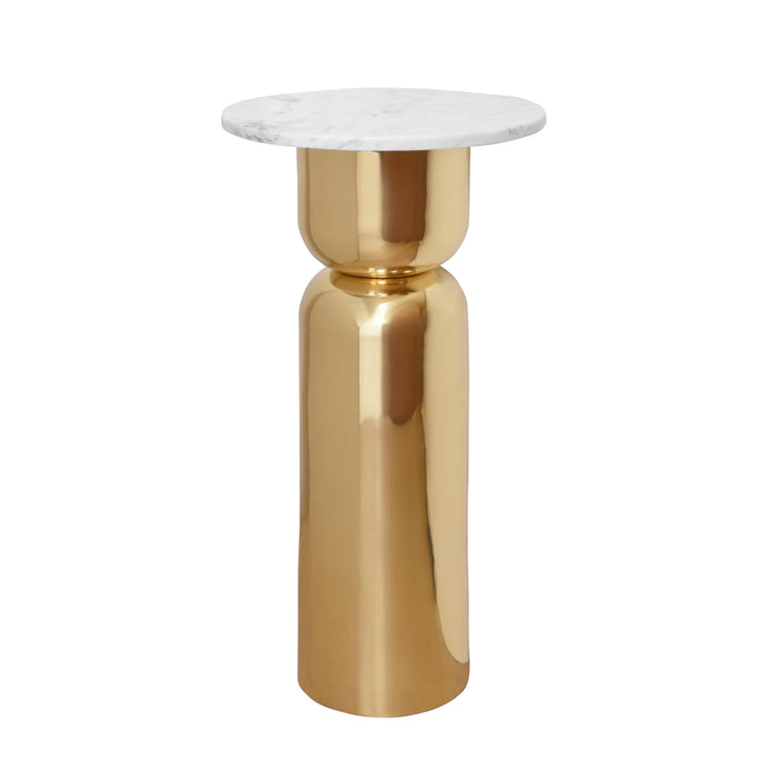 Hourglass Brass Base Side Table With Round White Marble Top - ALINA WHM