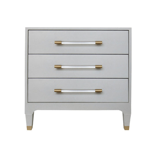 Three Drawer Side Table In Light Grey Shagreen With Antique Brass And Acrylic Hardware - AMBER LGS