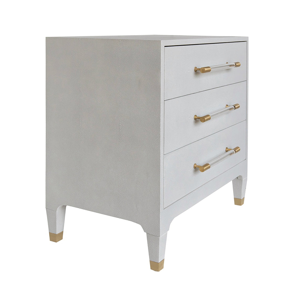 Three Drawer Side Table In Light Grey Shagreen With Antique Brass And Acrylic Hardware - AMBER LGS