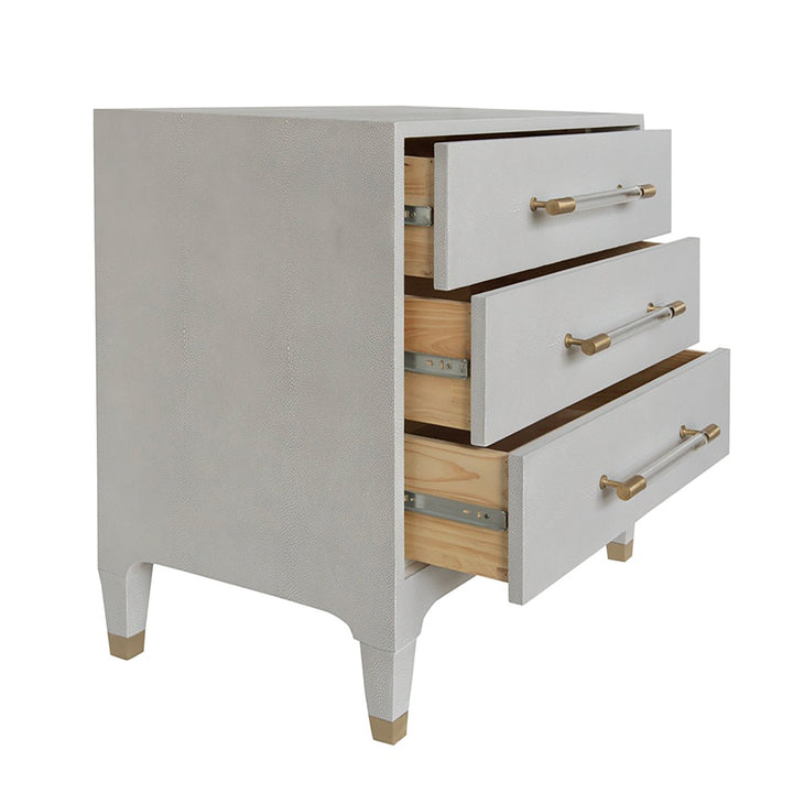 Three Drawer Side Table In Light Grey Shagreen With Antique Brass And Acrylic Hardware - AMBER LGS
