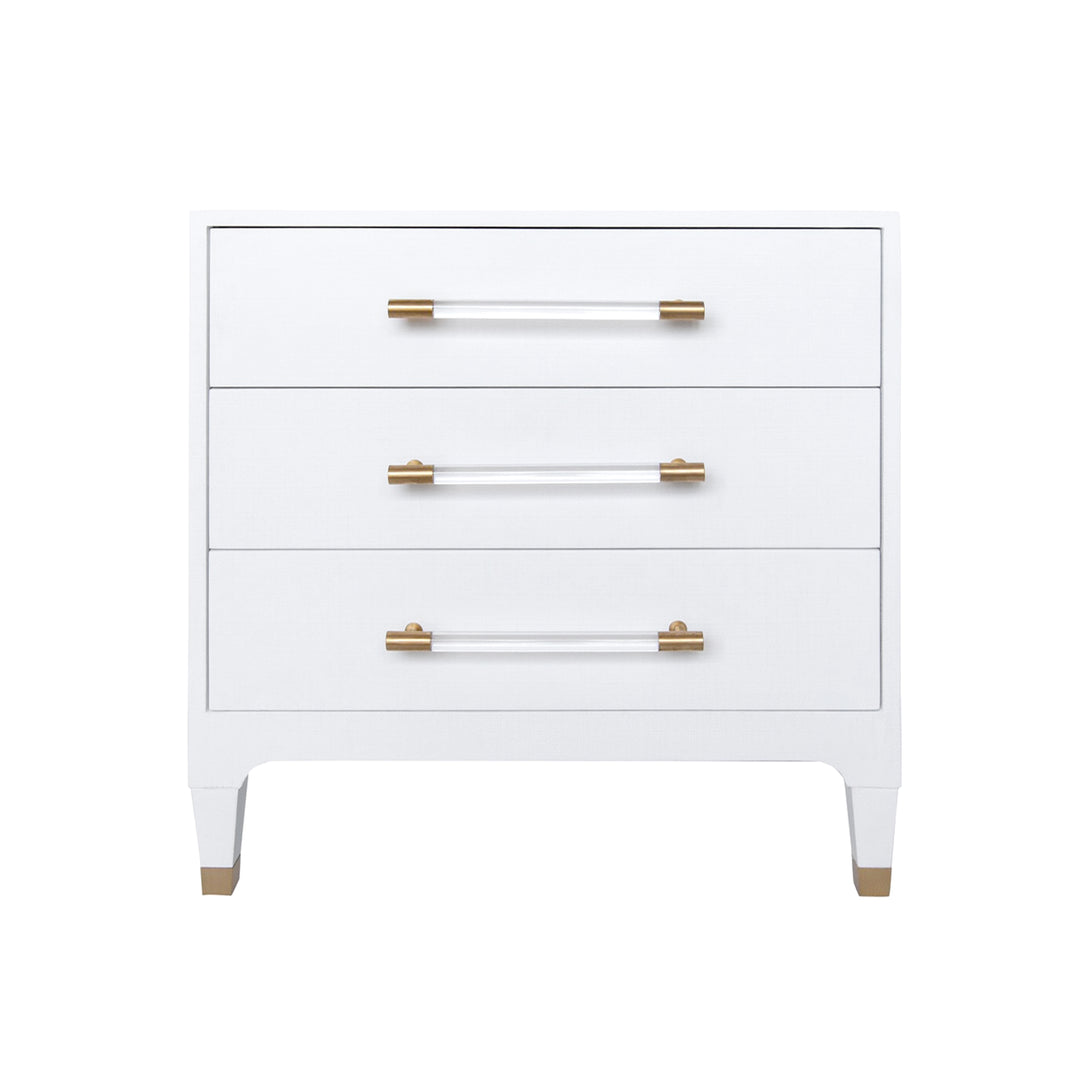 Three Drawer Side Table In Textured White Linen With Antique Brass And Acrylic Hardware - AMBER WHL