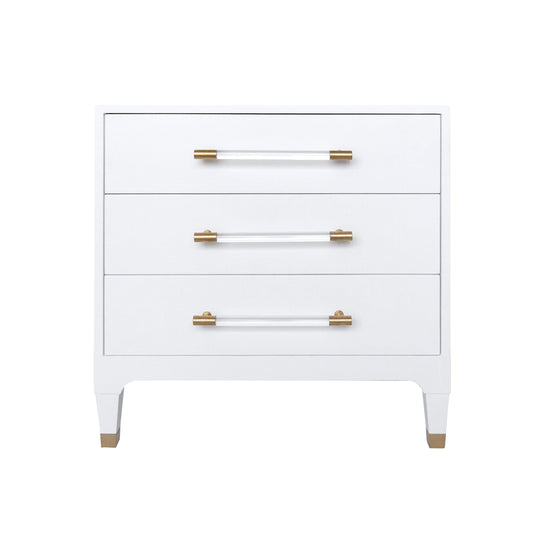 Three Drawer Side Table In Textured White Linen With Antique Brass And Acrylic Hardware - AMBER WHL