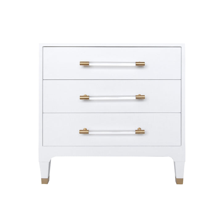 Three Drawer Side Table In Textured White Linen With Antique Brass And Acrylic Hardware - AMBER WHL